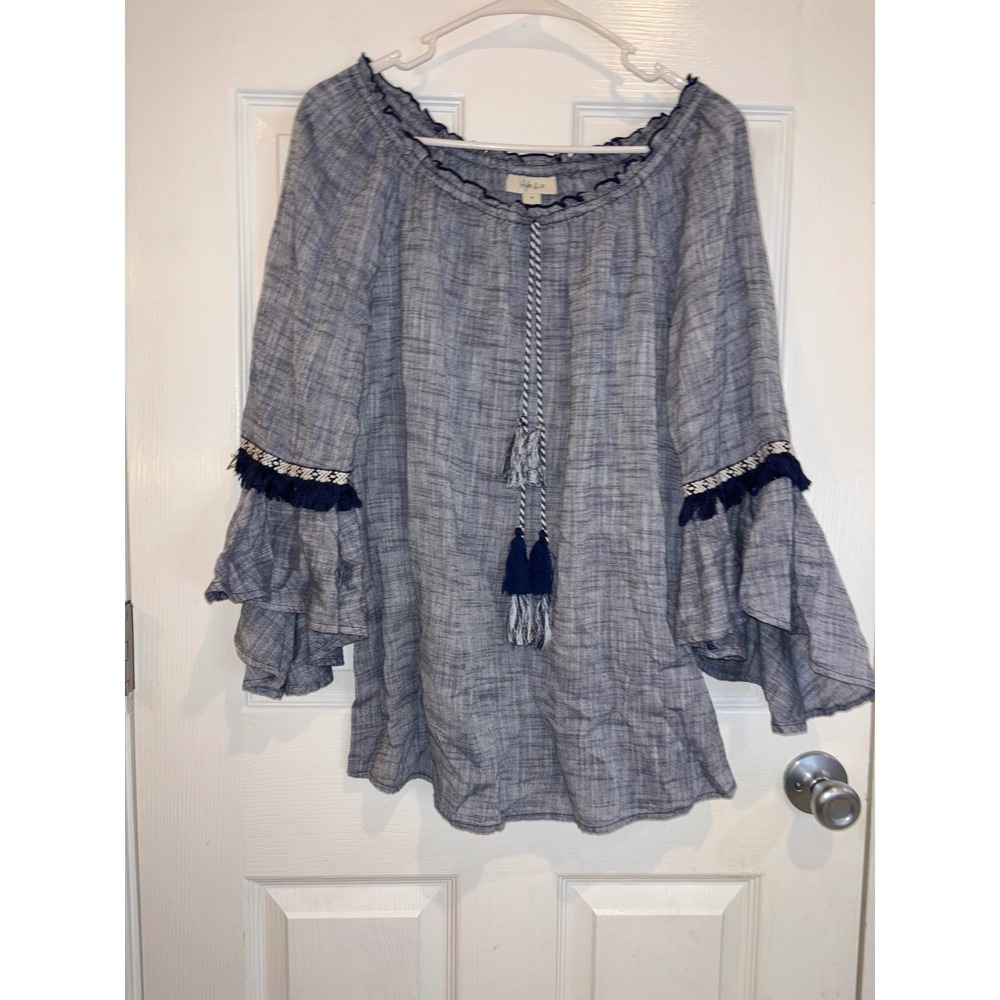 Style & Co Womens Blue Peasant Top Off Shoulder Flared Sleeve Tassel Size M